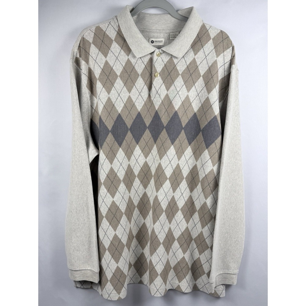 Haggar XXL Men's Argyle Polo Long Sleeve Gray Tan Grandpa Core Preppy
